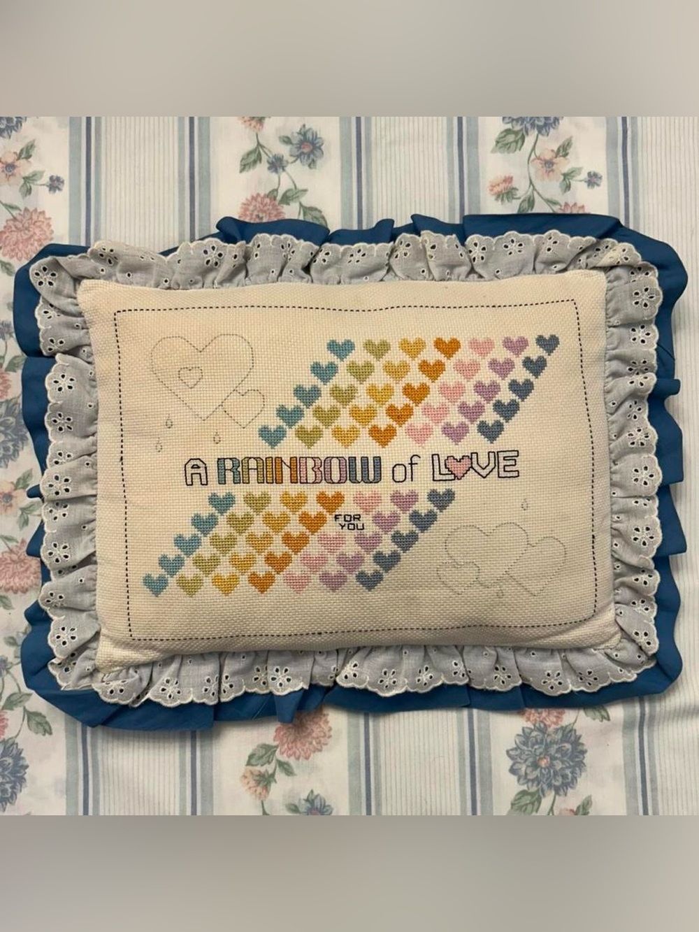 Vintage Cottagecore Maximalist Rainbow Cross Stitch Ruffle Pillow